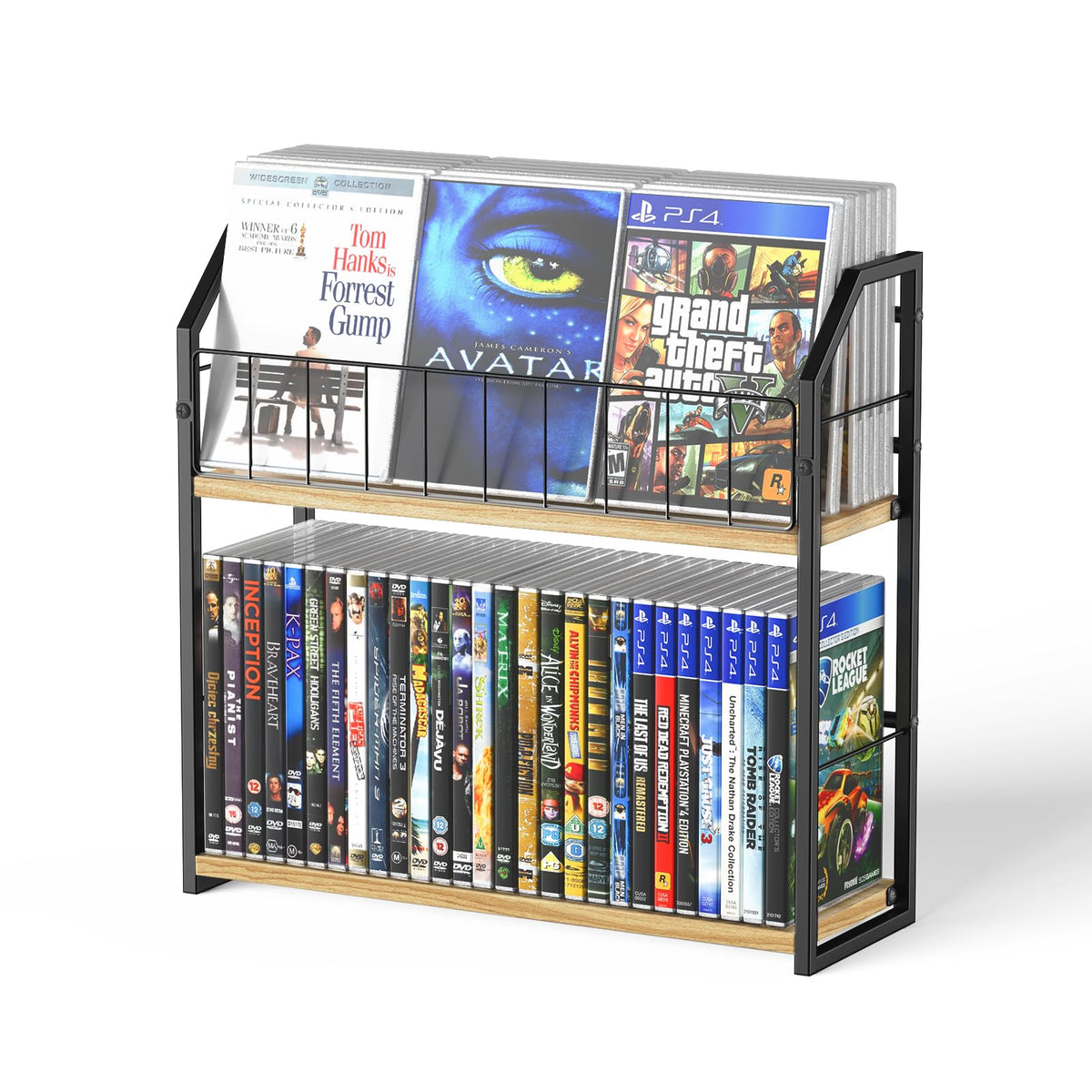 PAPAGIFTREE front view of rack showing two shelves and neat DVD display benefit: space-saving organization