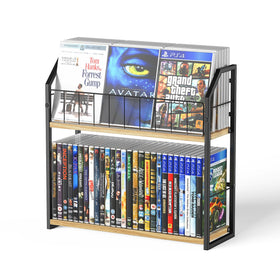 PAPAGIFTREE front view of rack showing two shelves and neat DVD display benefit: space-saving organization