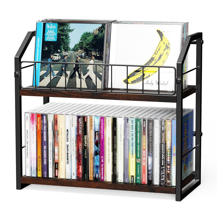 PAPAGIFTREE front view of the two-tier CD rack showing organized storage and neat display