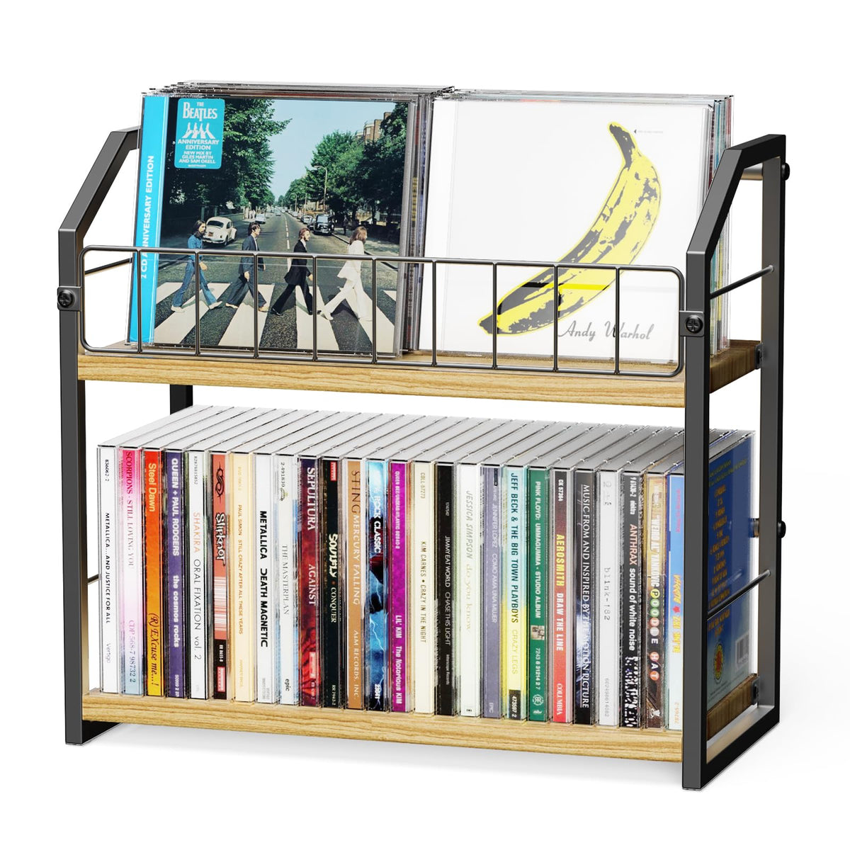 PAPAGIFTREE front view of yellow 2-tier CD holder showing tidy storage and display benefit