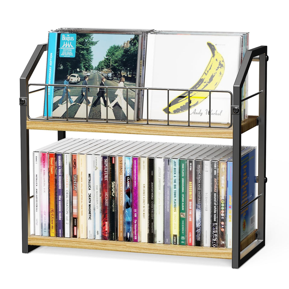 PAPAGIFTREE front view of yellow 2-tier CD holder showing tidy storage and display benefit
