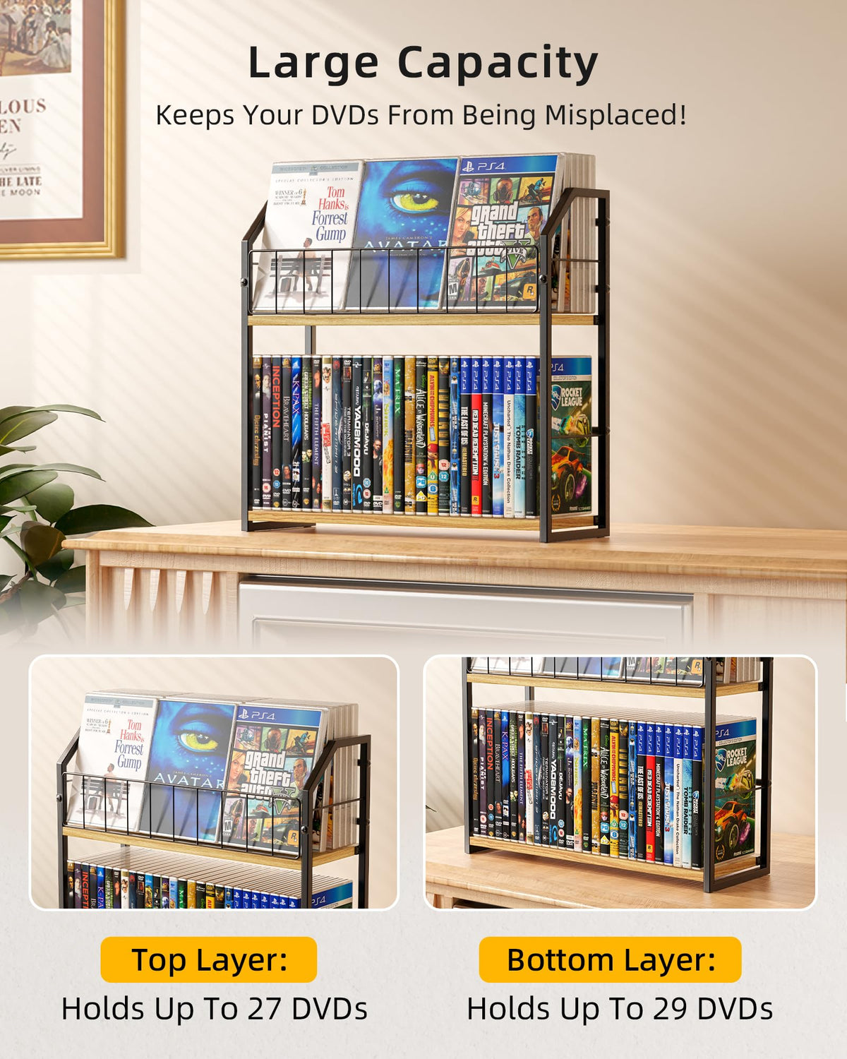 PAPAGIFTREE rack in an entertainment center showing organized DVDs and tidy media storage