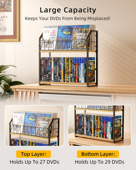 PAPAGIFTREE rack in an entertainment center showing organized DVDs and tidy media storage