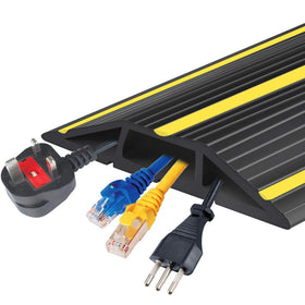 Papillon front view of 20 ft cord cover showing high-visibility warning strips and length benefit
