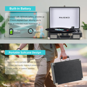 Pareiko open turntable overview showing vinyl playback and Bluetooth convenience