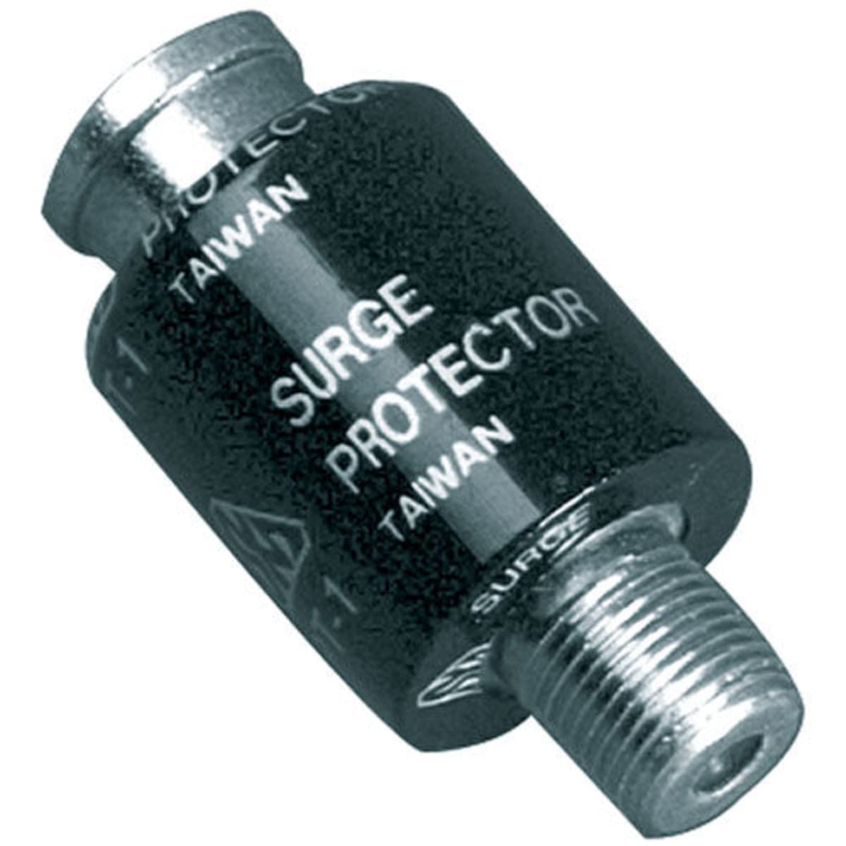 Parts Express inline coaxial surge protector front view showing compact F-connectors and protection benefit