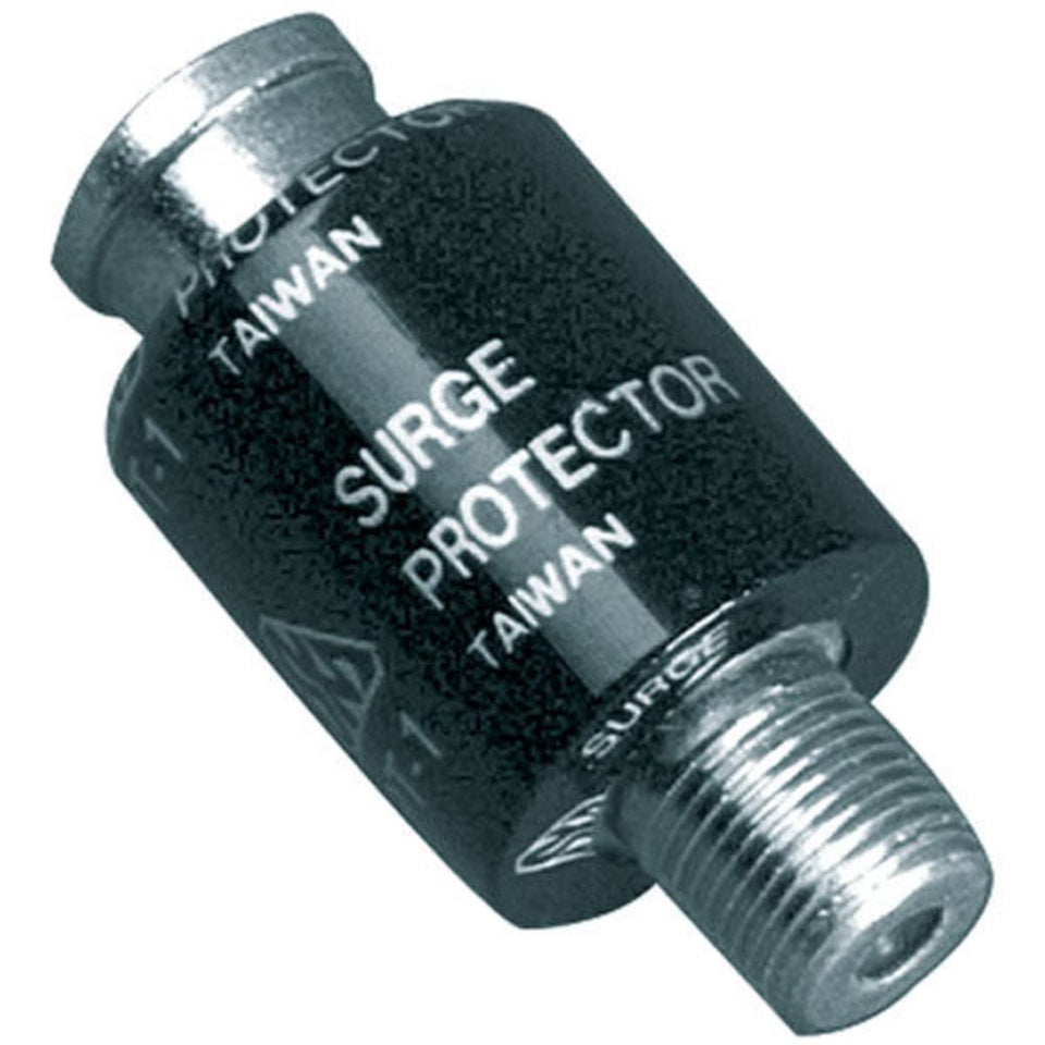 Parts Express inline coaxial surge protector front view showing compact F-connectors and protection benefit