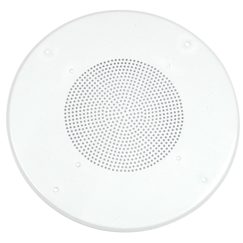 Parts Express white round ceiling speaker grill for 8-inch speakers with a durable fade-resistant finish.