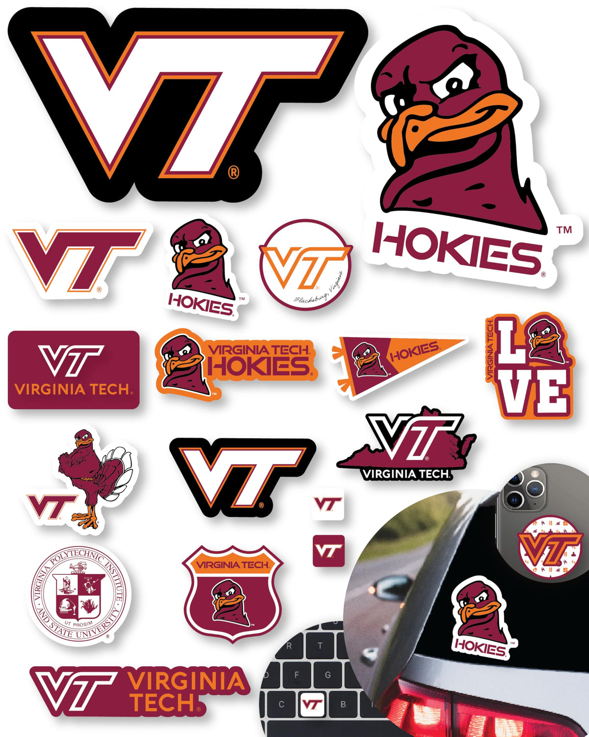 PartyKandy Virginia Tech stickers set of 14 decals for laptops, cars, and bottles