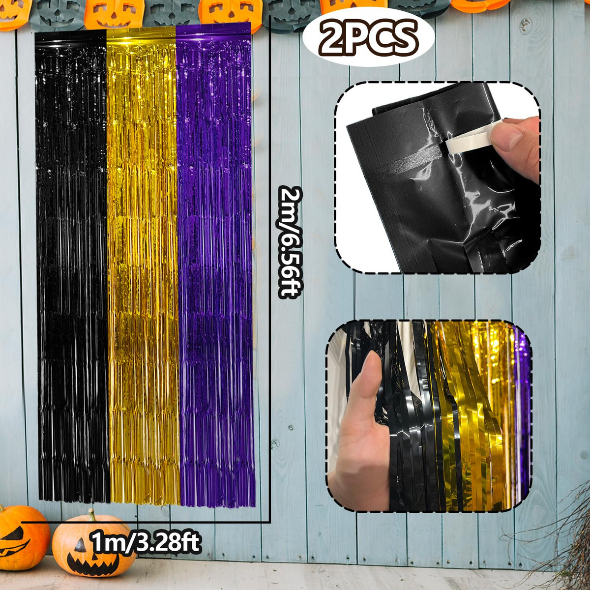 Durable metallic fringe curtain provides easy setup for walls or doors.