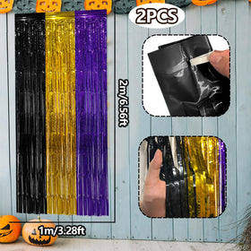 Durable metallic fringe curtain provides easy setup for walls or doors.