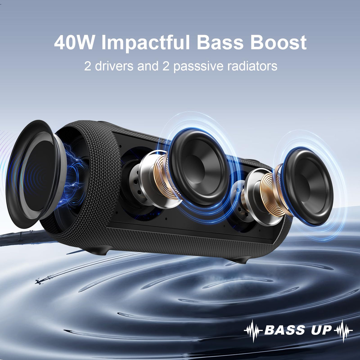 Passau close-up of drivers and passive radiator, shows deep bass capability