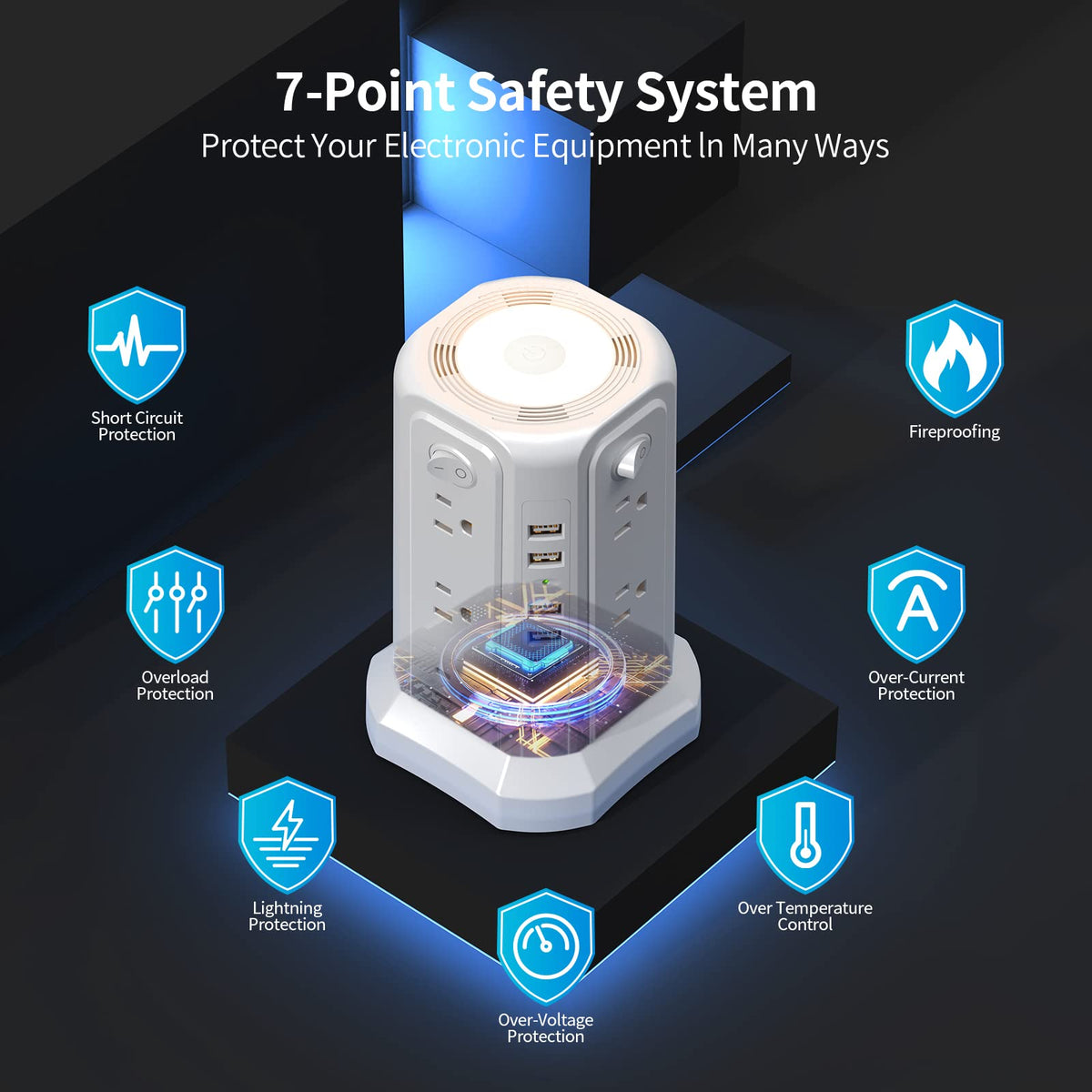 PASSUS power tower in a home office setup ready for desk, dorm, and multimedia devices