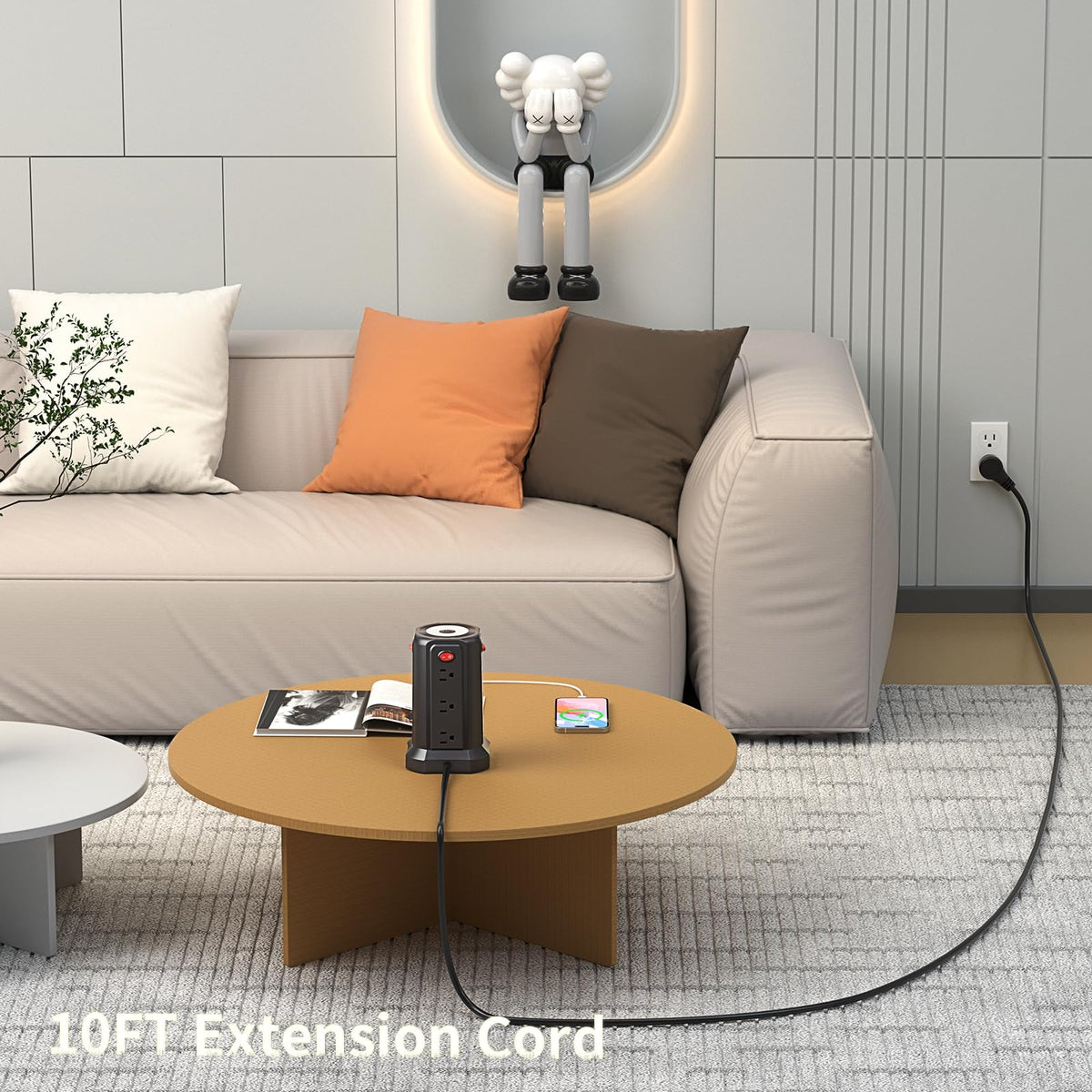 PASSUS 45° flat plug and 10ft cord showing easy placement behind furniture