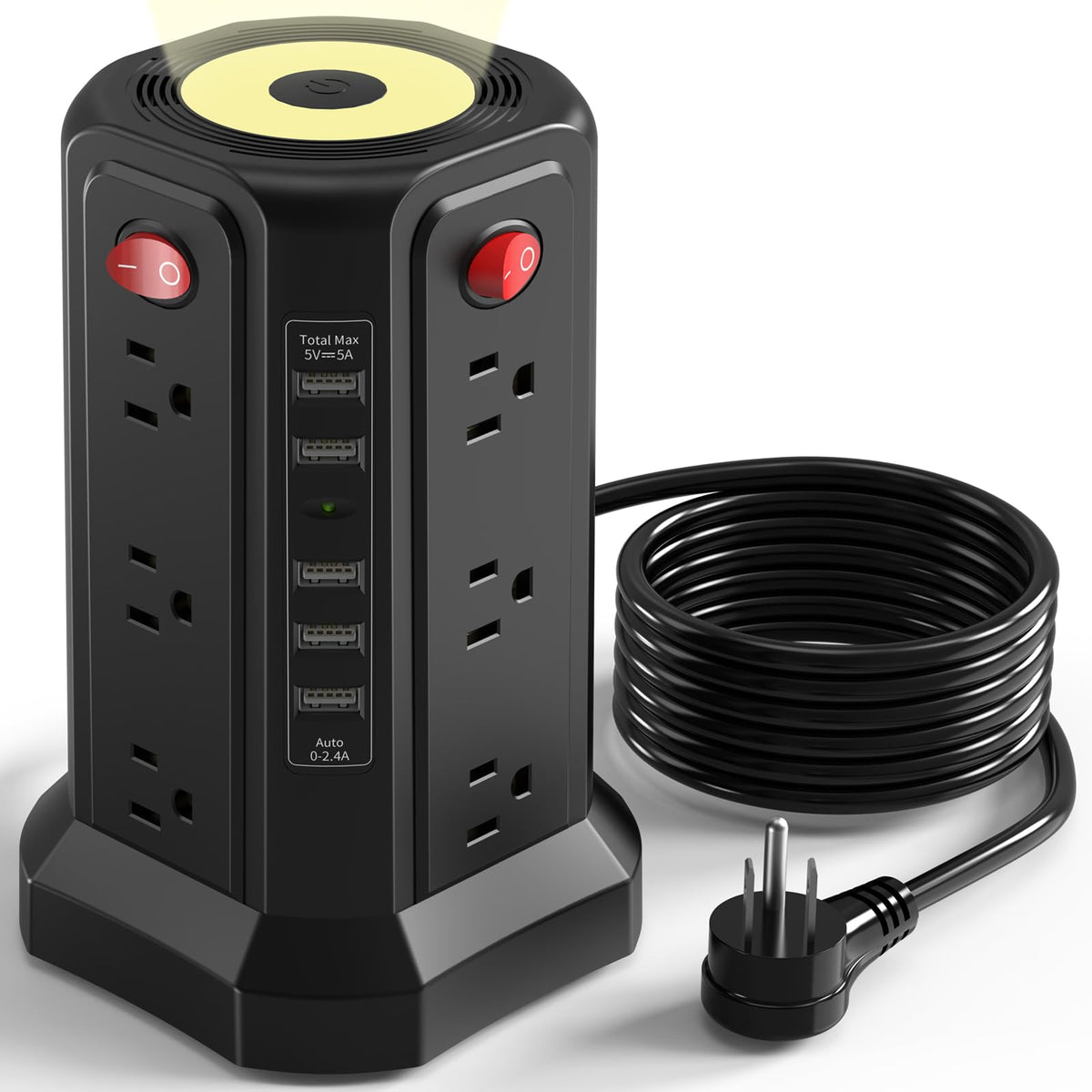PASSUS power tower front view showing outlets and USB ports for organized charging