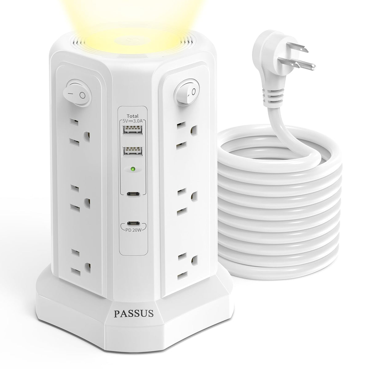 PASSUS front view tower power strip showing outlets and USB ports for organized charging