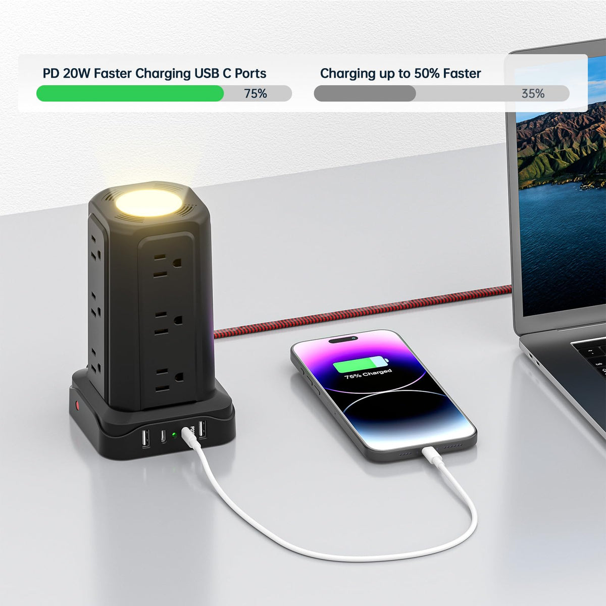 PASSUS in use on desk with laptop and lamp demonstrating space-saving convenience