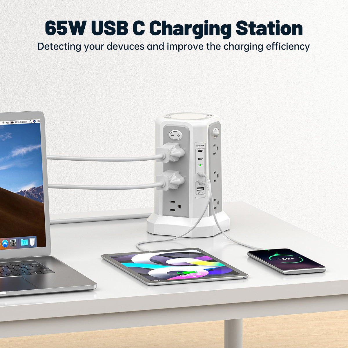 PASSUS in-use on a desk charging laptop and phones for tidy workspace