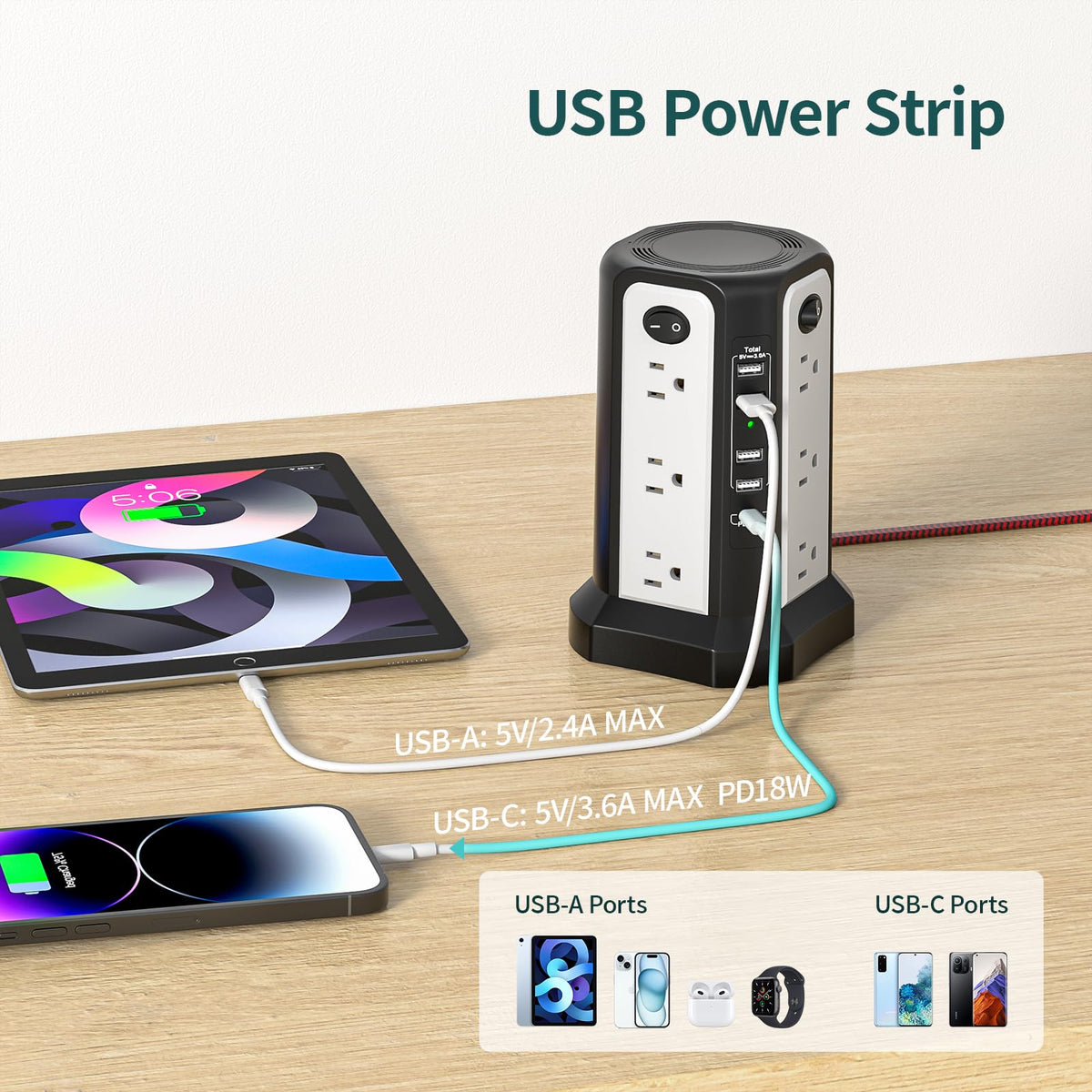 PASSUS power tower in a home office powering monitor, laptop, and phone for organized setup