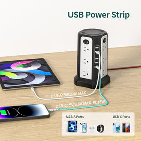 PASSUS power tower in a home office powering monitor, laptop, and phone for organized setup