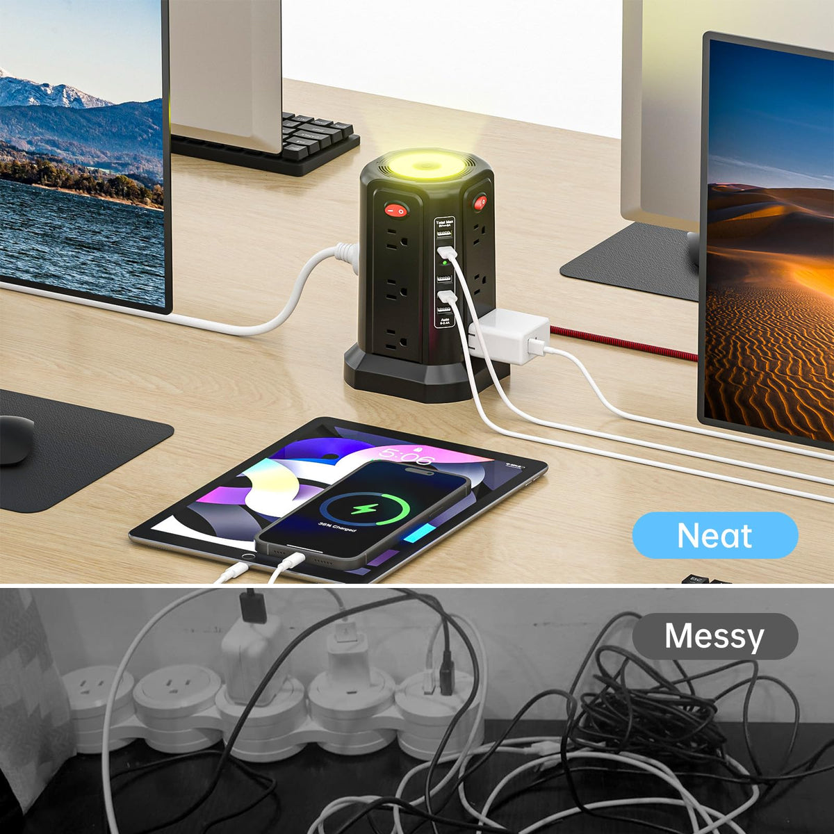 PASSUS power tower on desk powering monitor, laptop, and phone for tidy setup