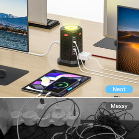 PASSUS power tower on desk powering monitor, laptop, and phone for tidy setup