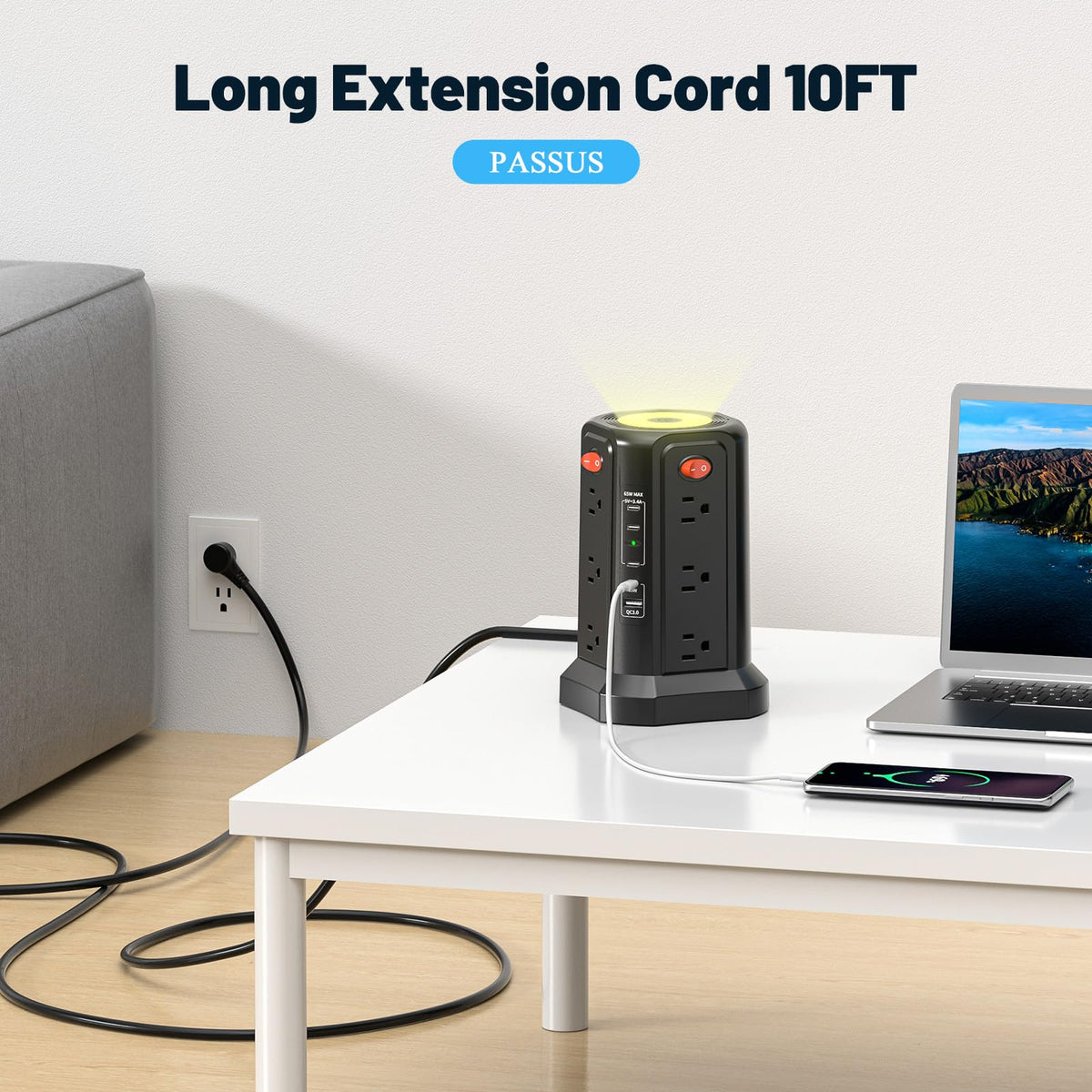PASSUS on a desk powering laptop and phone demonstrating tidy setup benefit