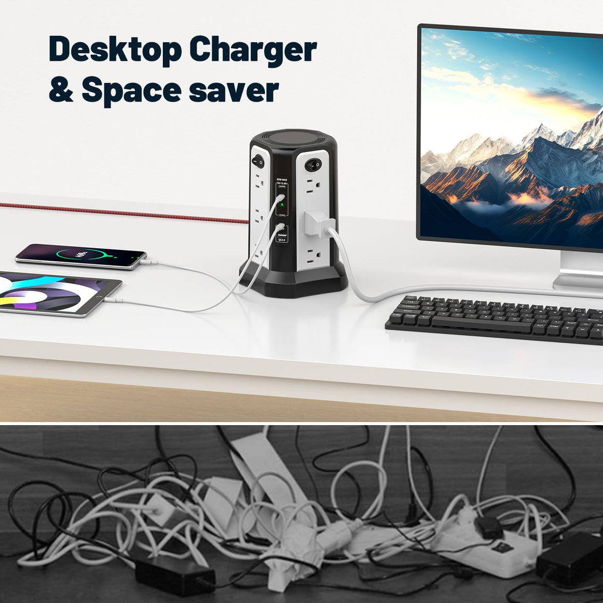 PASSUS desktop lifestyle with laptop and phone charging, organized workspace benefit