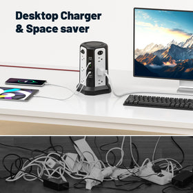 PASSUS desktop lifestyle with laptop and phone charging, organized workspace benefit
