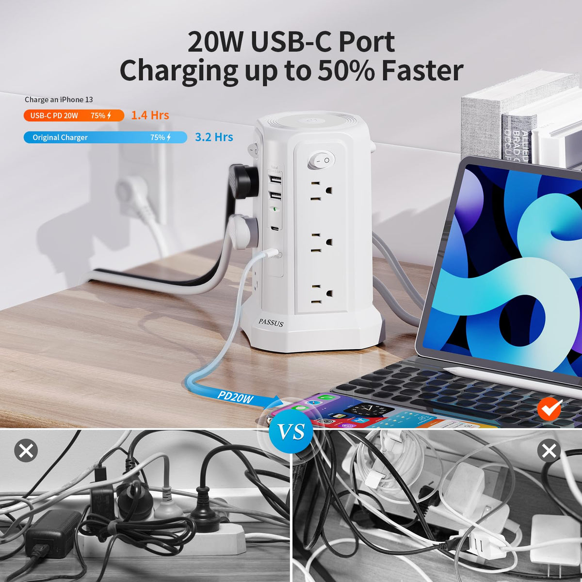 PASSUS 16ft cord routed behind sofa to reach distant wall outlet for flexible placement