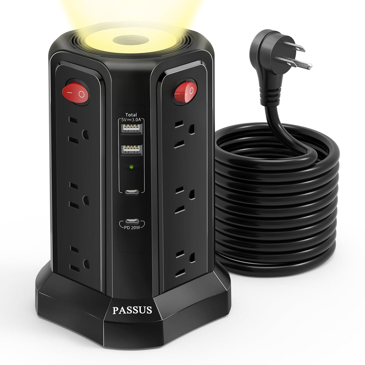 PASSUS long surge protector with 16 ft cord, ideal for hard-to-reach spaces
