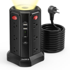 PASSUS long surge protector with 16 ft cord, ideal for hard-to-reach spaces