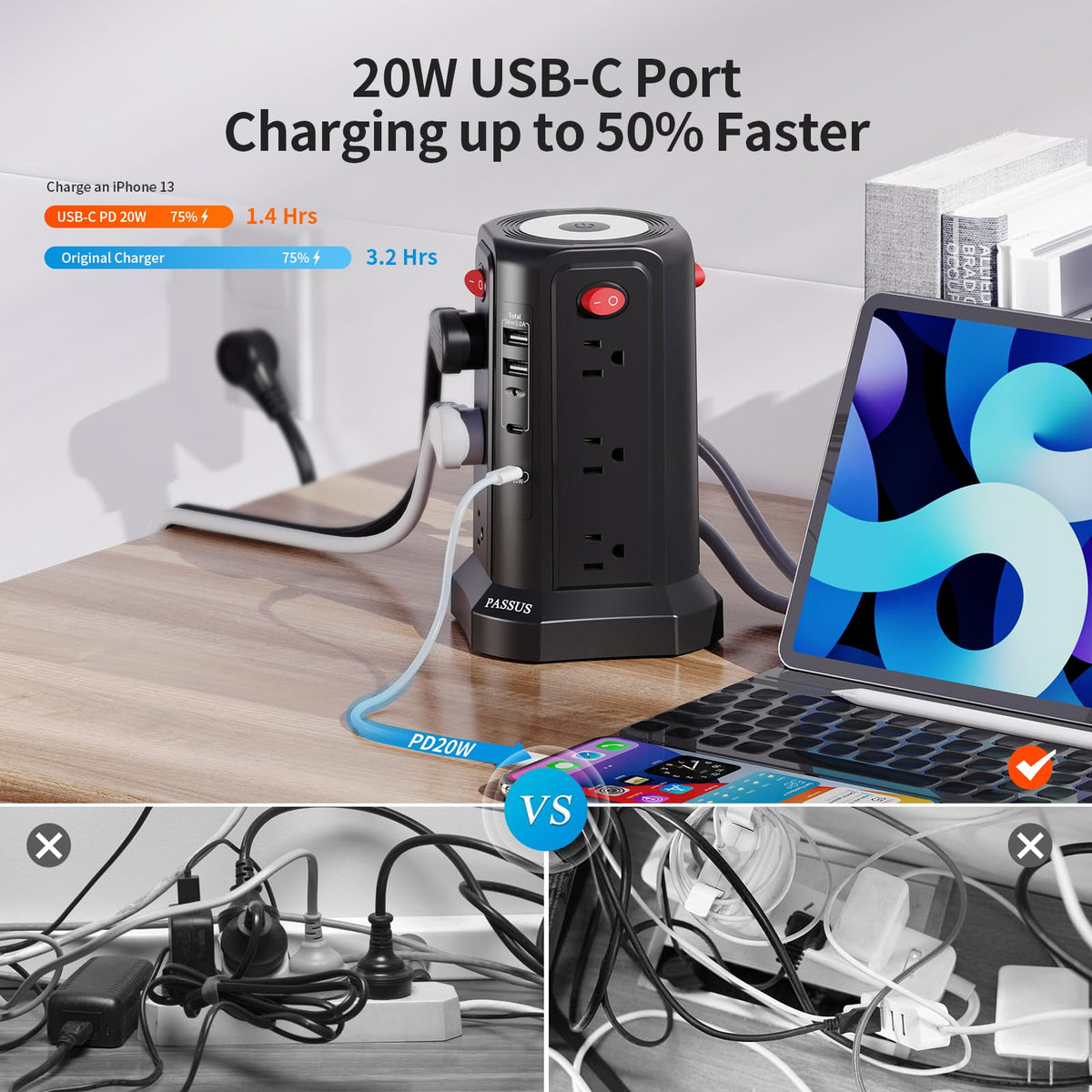 PASSUS power strip tower with multiple outlets for organized charging
