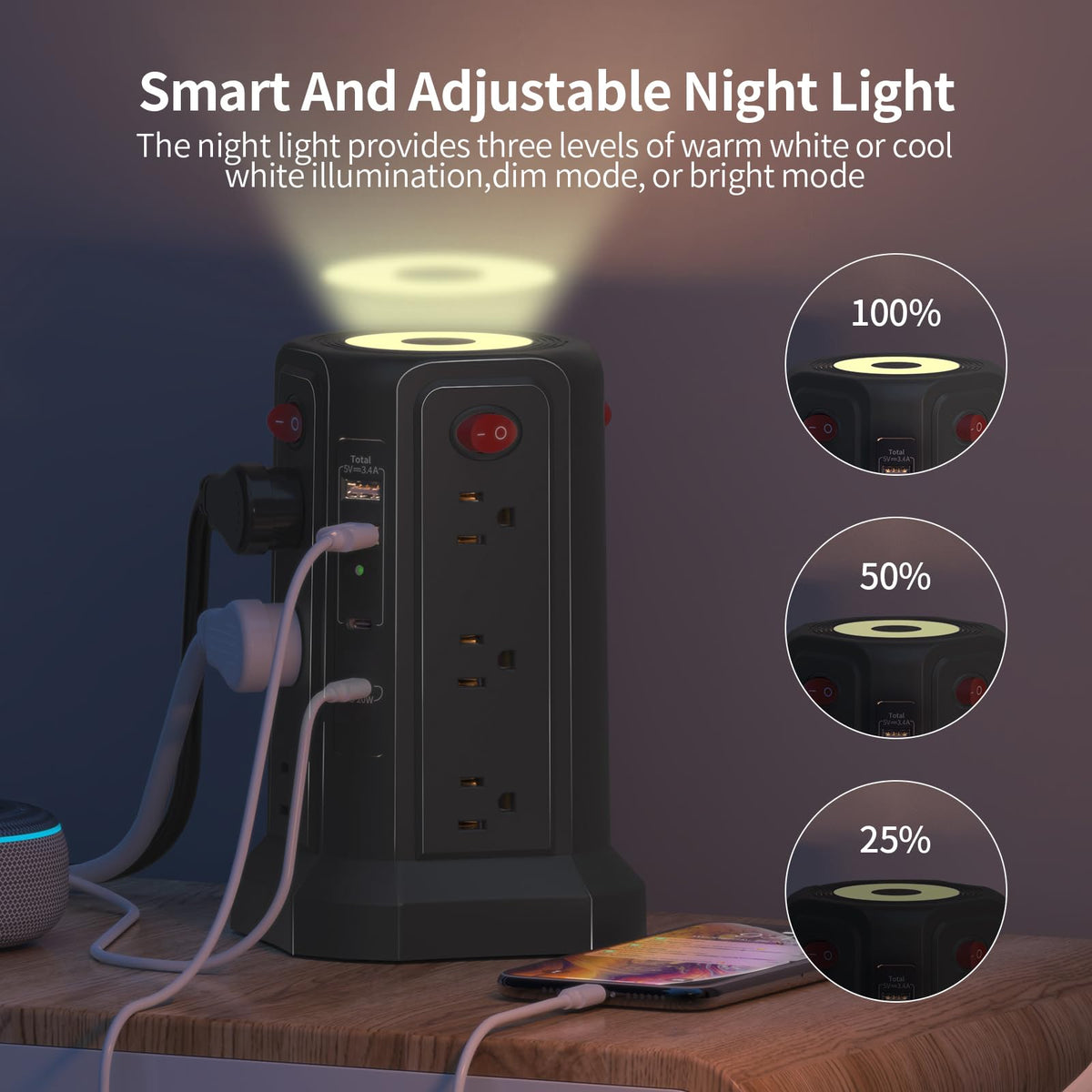 PASSUS night light closeup with three levels providing soft bedside illumination