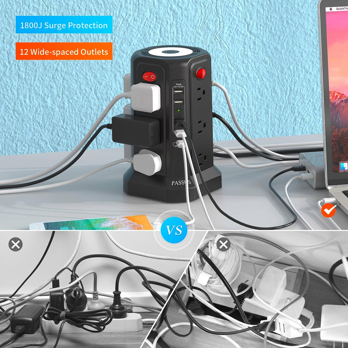 PASSUS power strip offers 12 AC outlets for laptops and printers