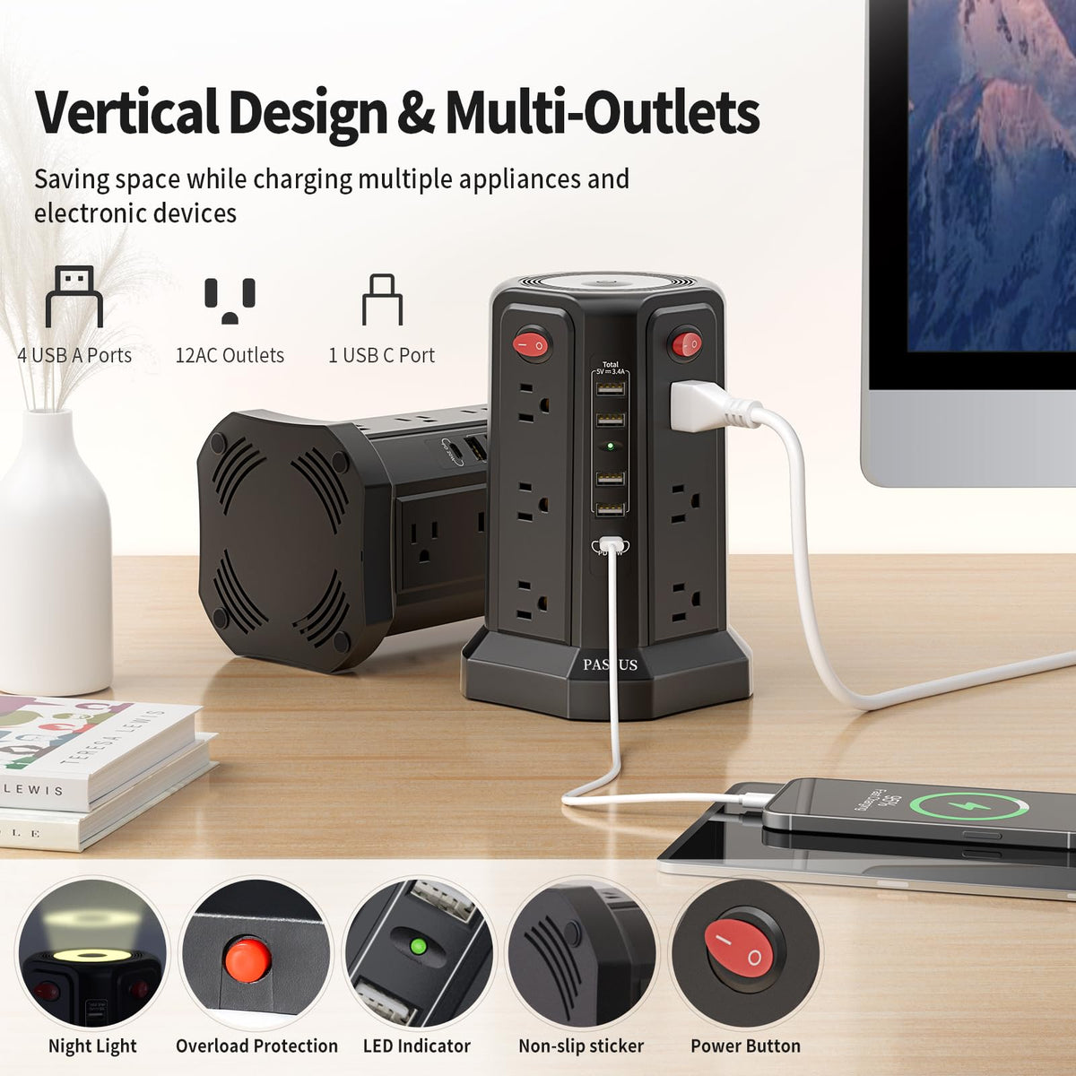 PASSUS power strip night light providing soft illumination for late-night work
