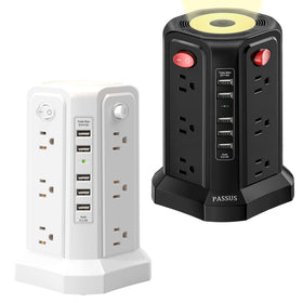 PASSUS power tower front view showing white and black units, neat multi-device organization