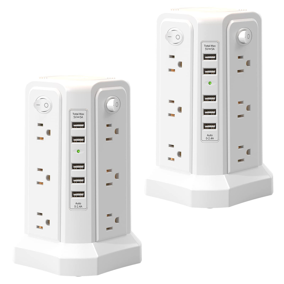 PASSUS power tower front view showing outlets and USB ports for organized charging