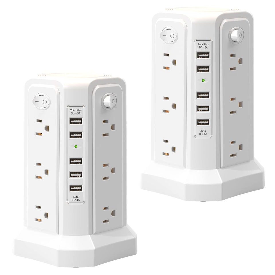 PASSUS power tower front view showing outlets and USB ports for organized charging