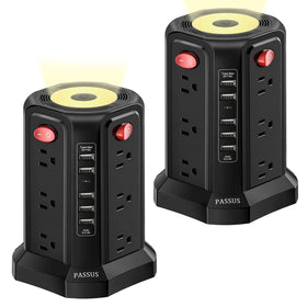 PASSUS power tower front view showing outlets and tidy vertical design for space saving