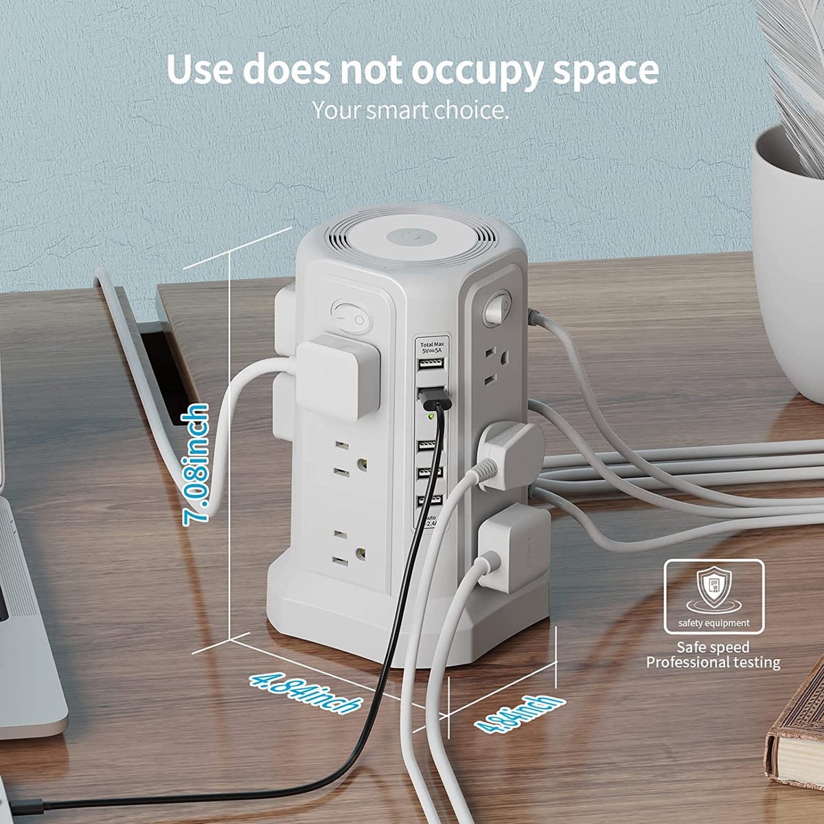 PASSUS tower in home office keeping desk tidy and protecting electronics