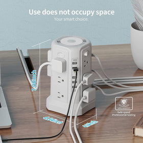 PASSUS tower in home office keeping desk tidy and protecting electronics