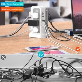 PASSUS on a home desk powering laptop, lamp and phone for neat setup