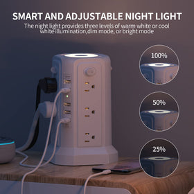 PASSUS power tower night light showing three brightness levels for dim to bright ambiance
