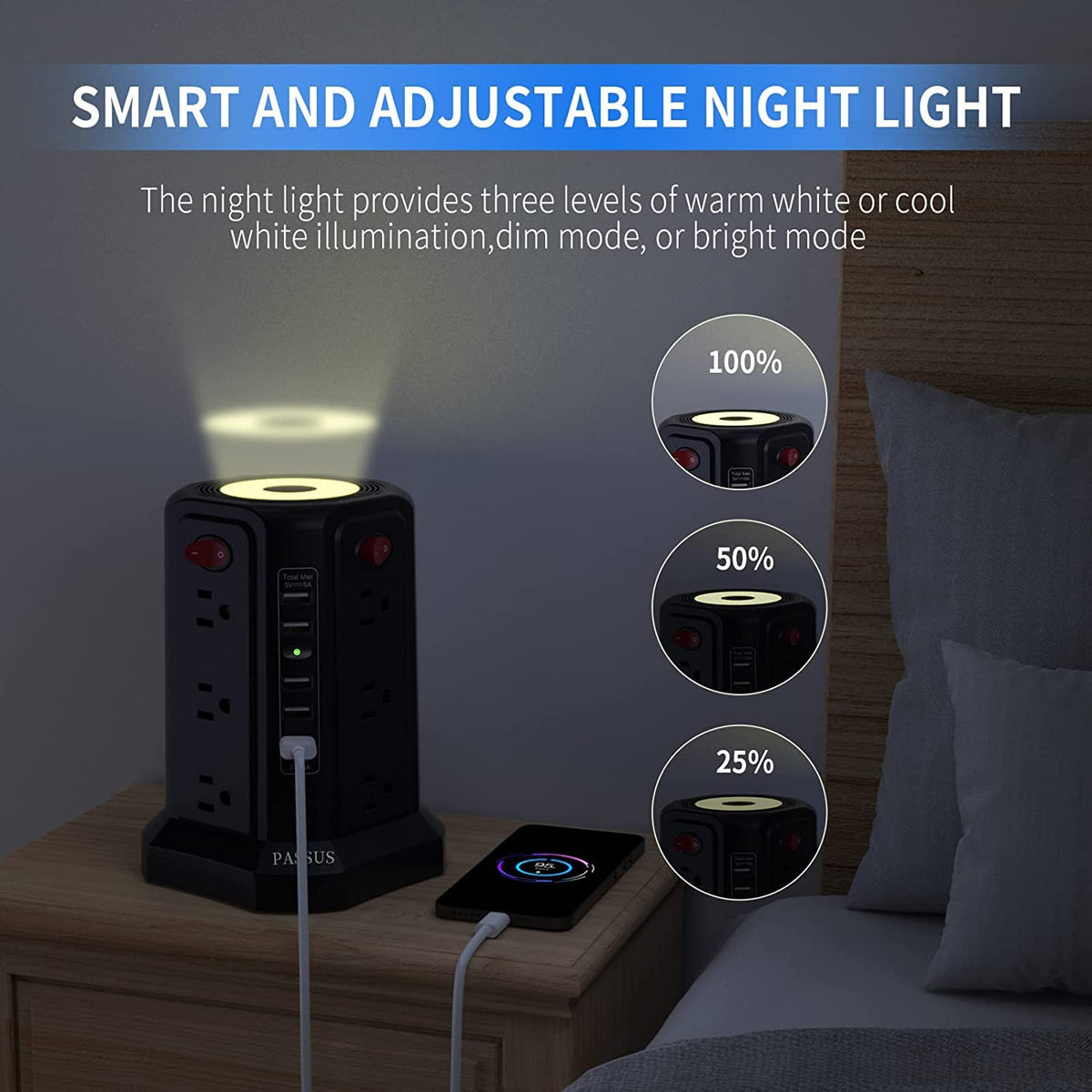 PASSUS tower night light displaying three brightness levels for easy nighttime use