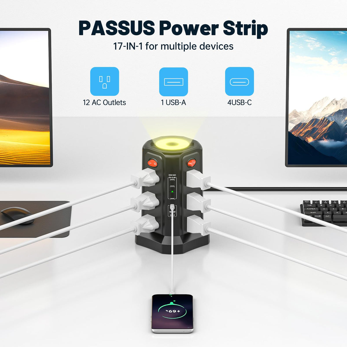 PASSUS next to laptop to show tower scale and multi‑device capacity