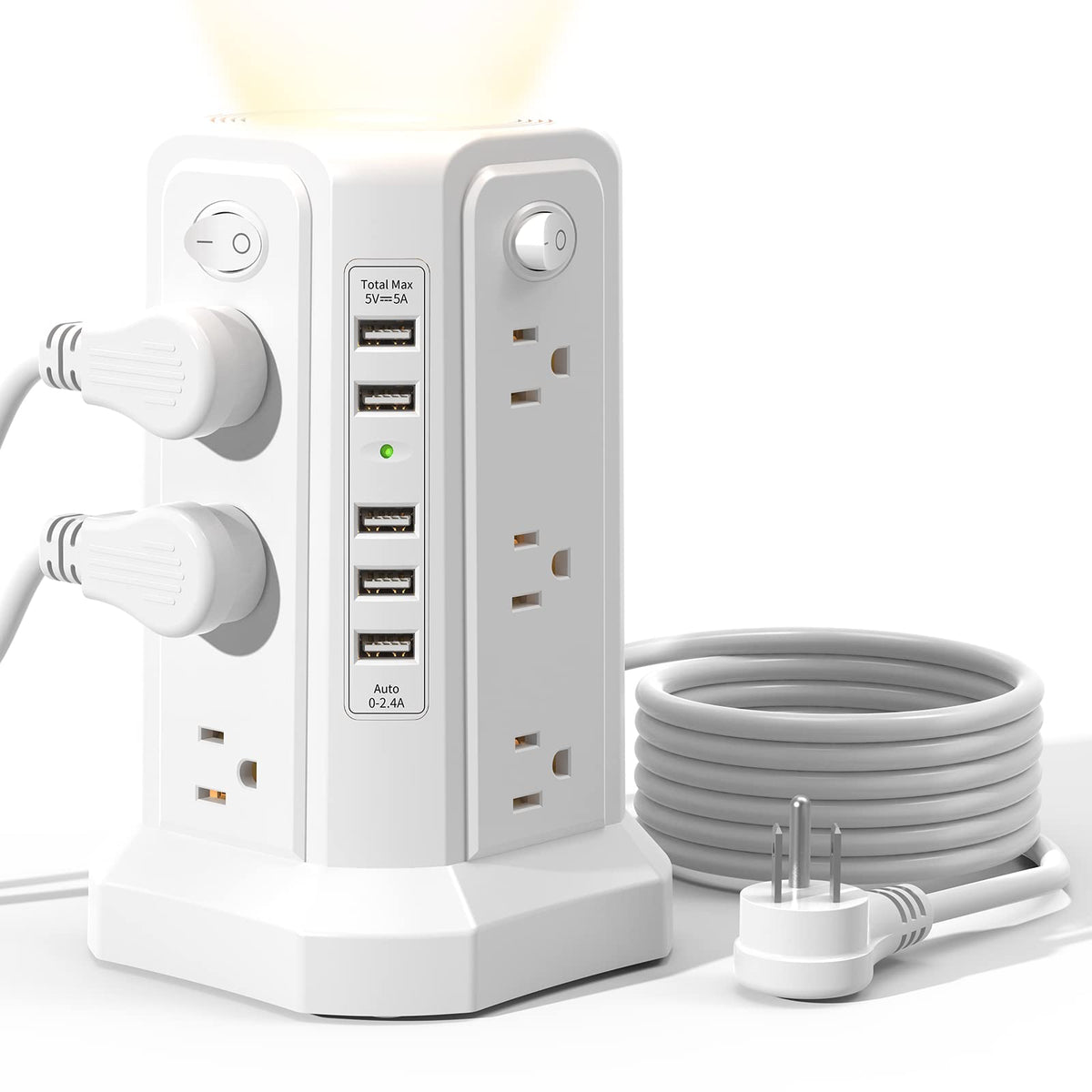 PASSUS surge protector tower with twelve outlets and USB ports on a tidy desk, organized power hub