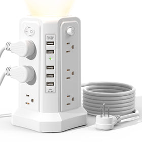 PASSUS surge protector tower with twelve outlets and USB ports on a tidy desk, organized power hub