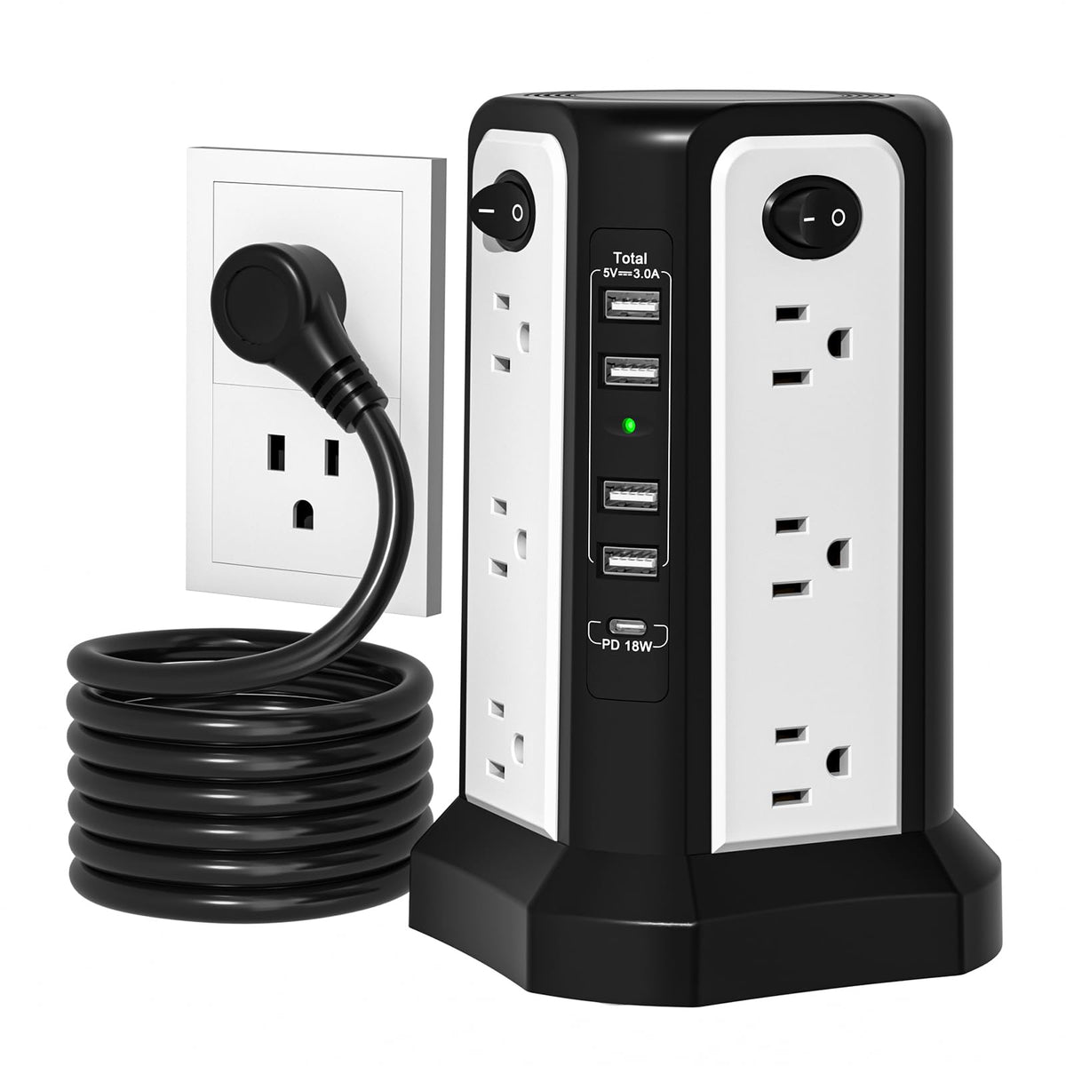 PASSUS Surge Tower with 12 outlets for versatile home office charging.