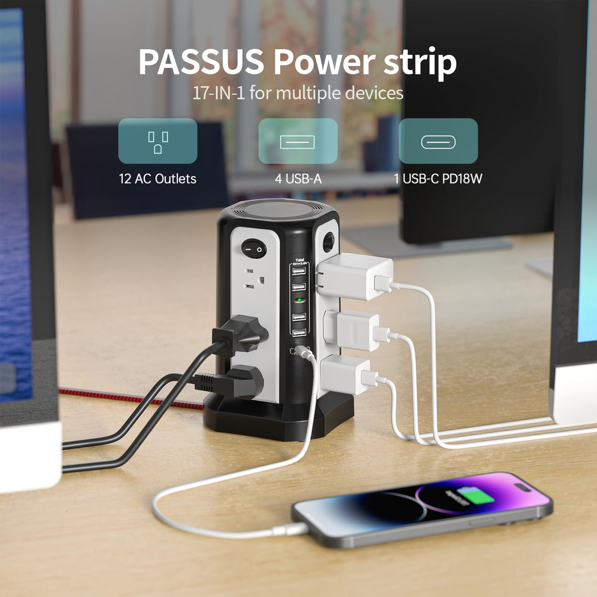 PASSUS close-up of top row USB ports and nearby AC sockets for fast convenient charging